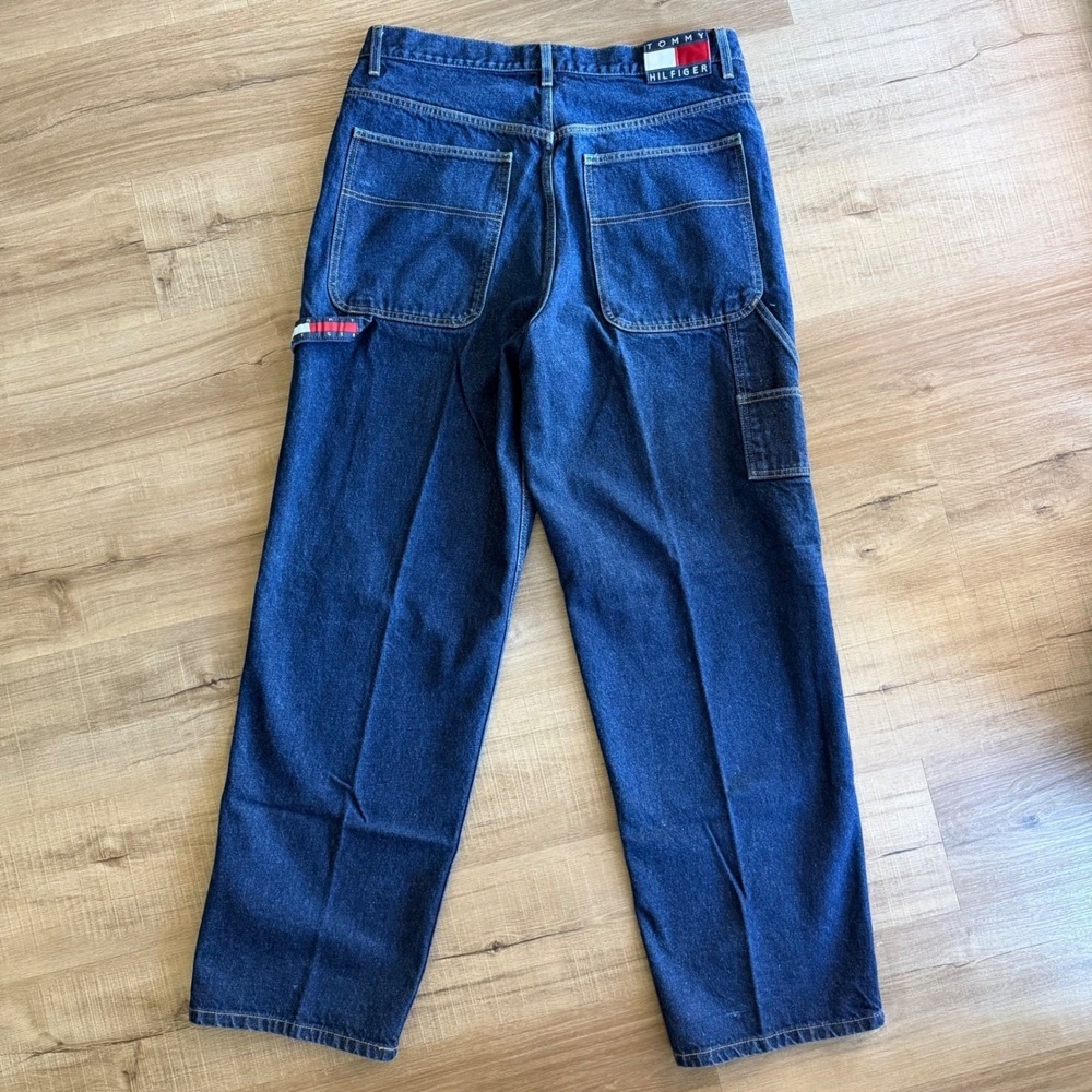 Vintage Tommy Hilfiger Carpenter Jeans Mens 36x34 Dark Wash 90s Flag Logo Denim